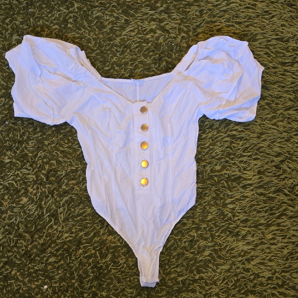Free People White Puff Sleeve Bodysuit with Gold Buttons